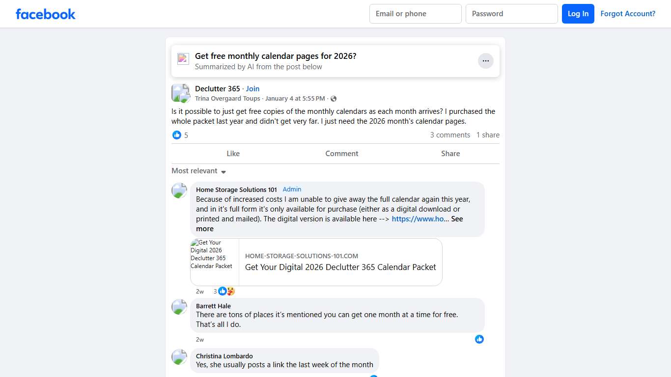 Declutter 365 Is it possible to just get free copies of the monthly calendars as each month arrives Facebook